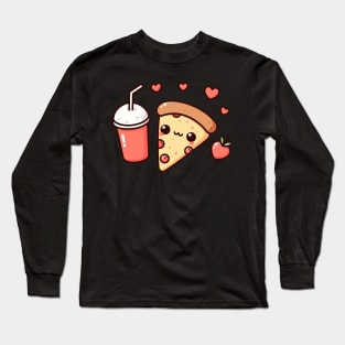 Pepperoni Pizza Slice with Milkshake and Hearts | Kawaii Style Food Art Long Sleeve T-Shirt